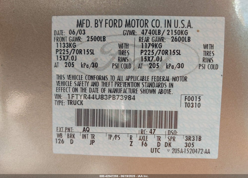 2003 FORD RANGER EDGE/TREMOR/XLT VIN: 1FTYR44U83PB73984