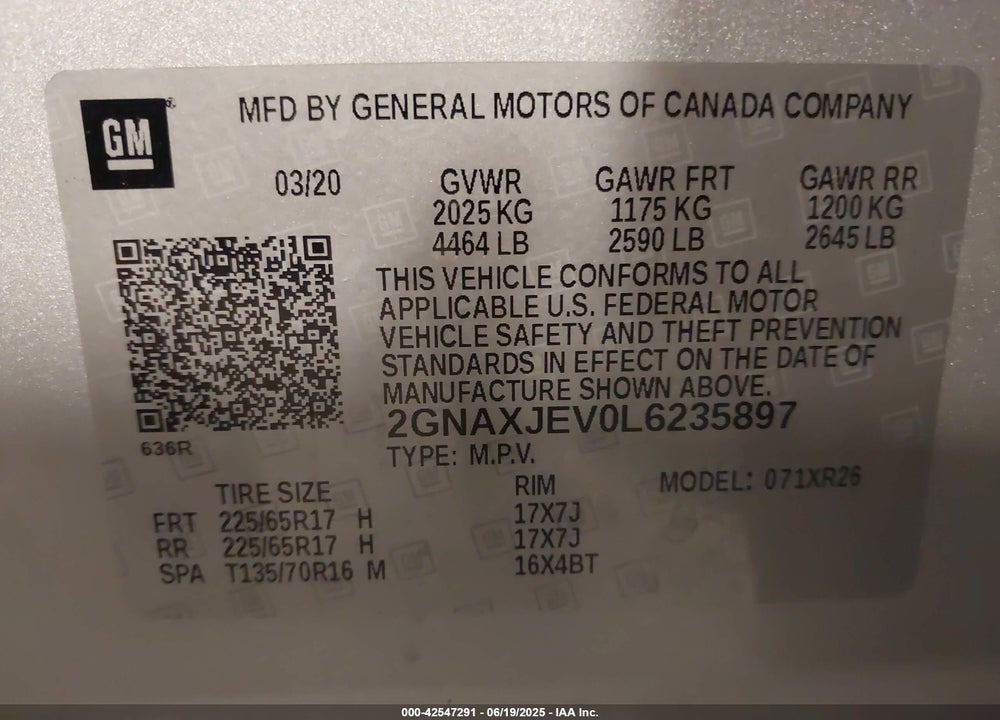 2020 CHEVROLET EQUINOX VIN: 2GNAXJEV0L6235897