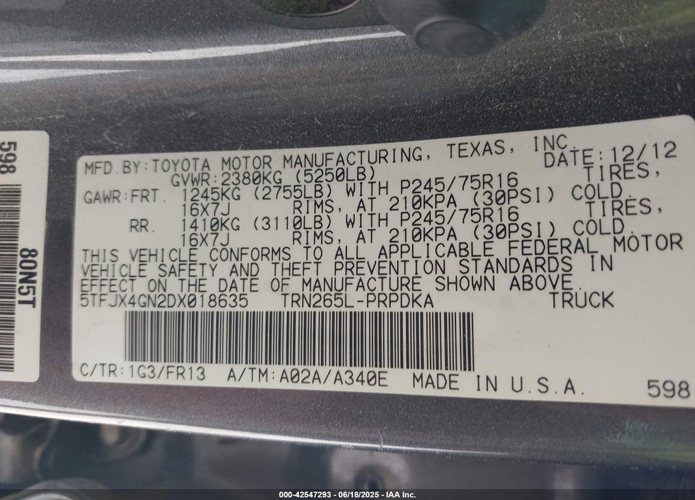 2013 TOYOTA TACOMA VIN: 5TFJX4GN2DX018635