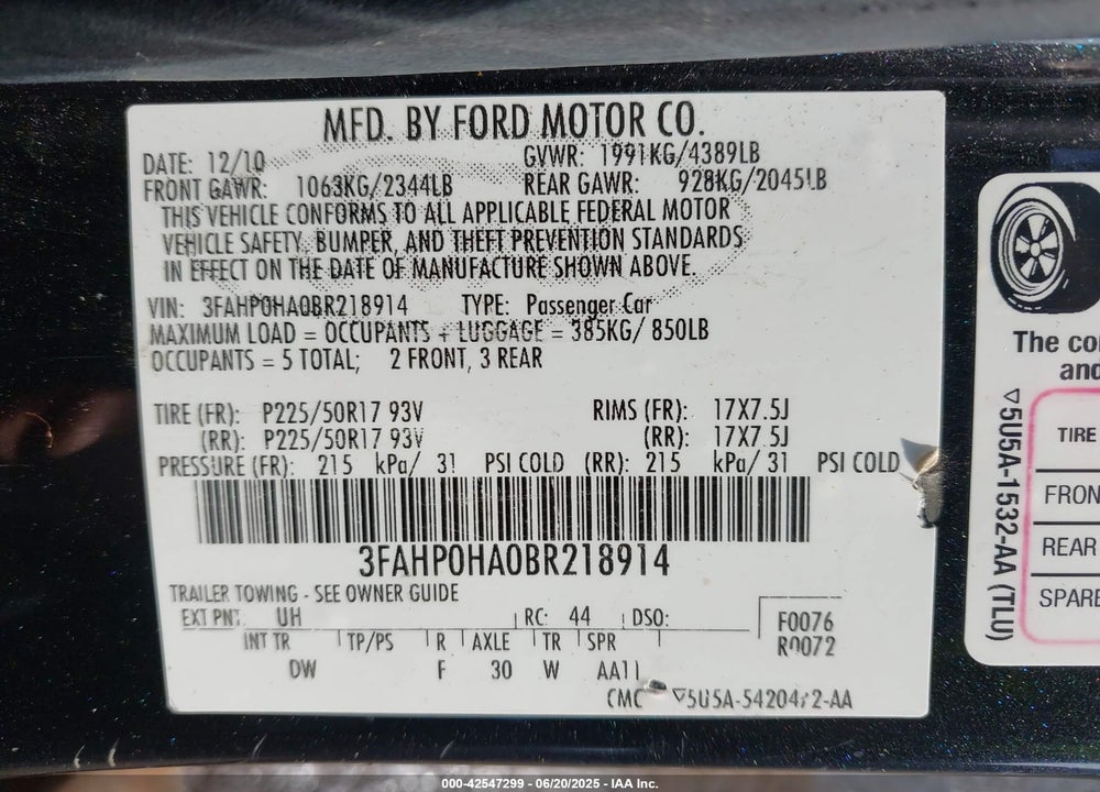 2011 FORD FUSION SE VIN: 3FAHP0HA0BR218914