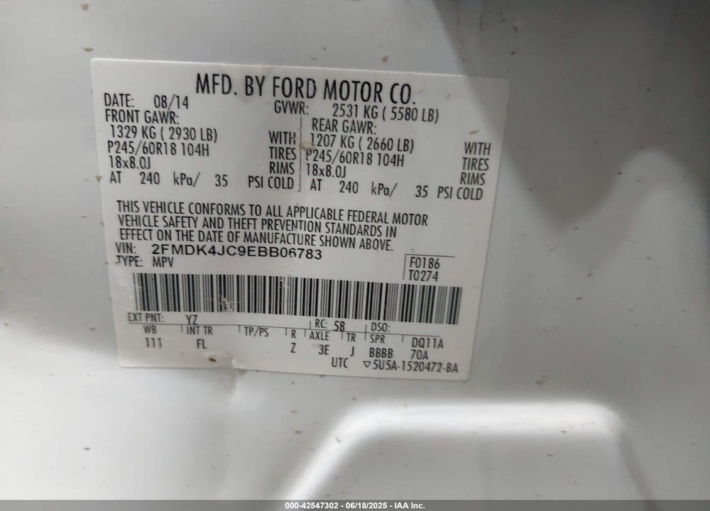 2014 FORD EDGE SEL VIN: 2FMDK4JC9EBB06783