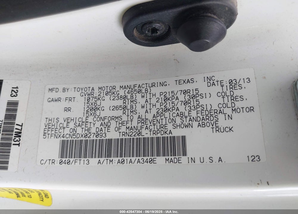 2013 TOYOTA TACOMA VIN: 5TFNX4CN5DX027093