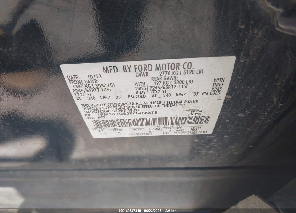 2014 FORD EXPLORER VIN: 1FM5K7B82EGA85879