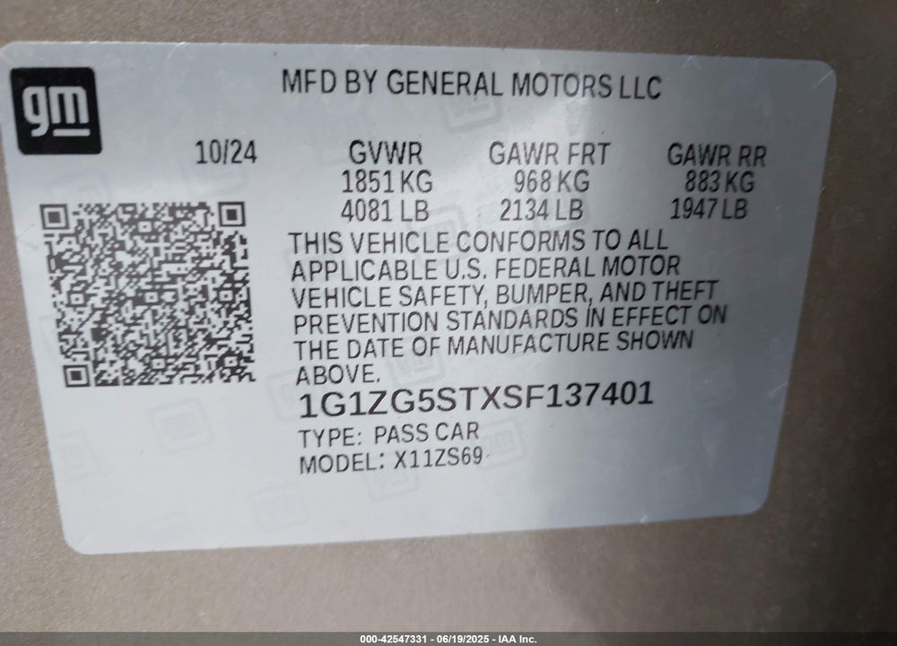 2025 CHEVROLET MALIBU VIN: 1G1ZG5STXSF137401