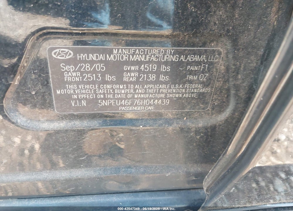 2006 HYUNDAI SONATA GLS V6/LX V6 VIN: 5NPEU46F76H044439