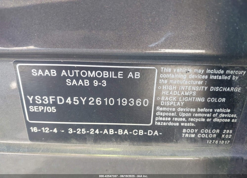 2006 SAAB 9 3 VIN: YS3FD45Y261019360