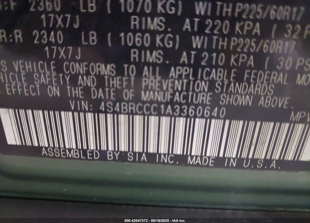 2010 SUBARU OUTBACK VIN: 4S4BRCCC1A3360640