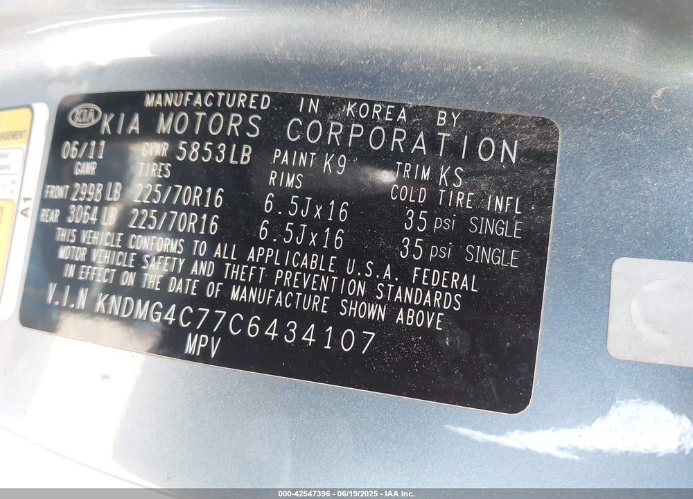 2012 KIA SEDONA VIN: KNDMG4C77C6434107