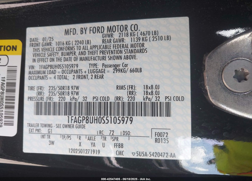 2025 FORD MUSTANG ECOBOOST PREMIUM VIN: 1FAGP8UH0S5105979