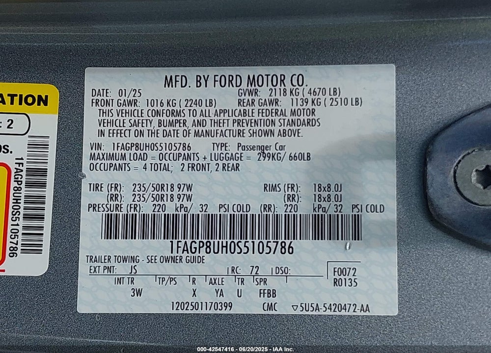 2025 FORD MUSTANG ECOBOOST PREMIUM VIN: 1FAGP8UH0S5105786