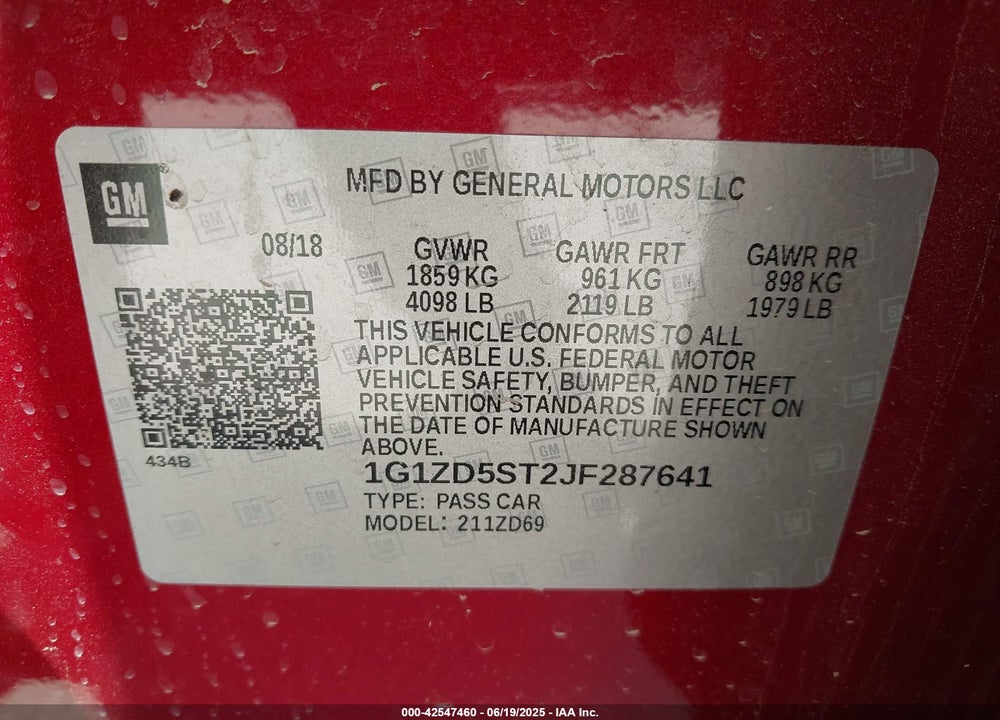 2018 CHEVROLET MALIBU LT VIN: 1G1ZD5ST2JF287641