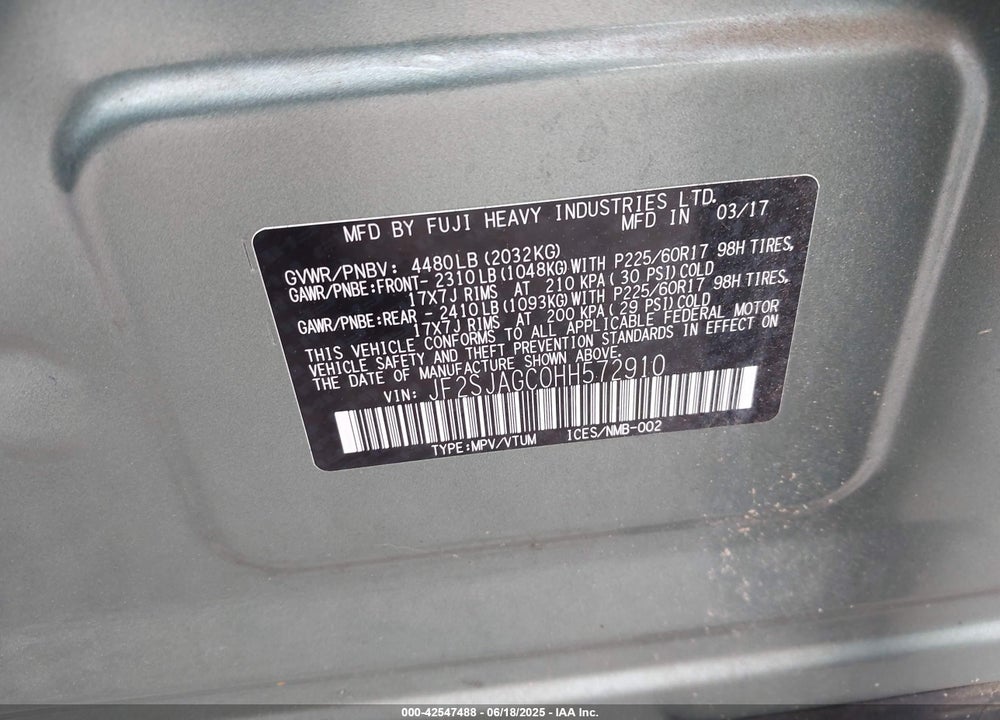 2017 SUBARU FORESTER VIN: JF2SJAGC0HH572910