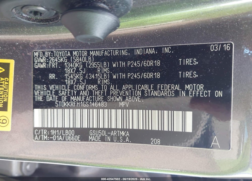 2016 TOYOTA HIGHLANDER XLE V6 VIN: 5TDKKRFH1GS146483
