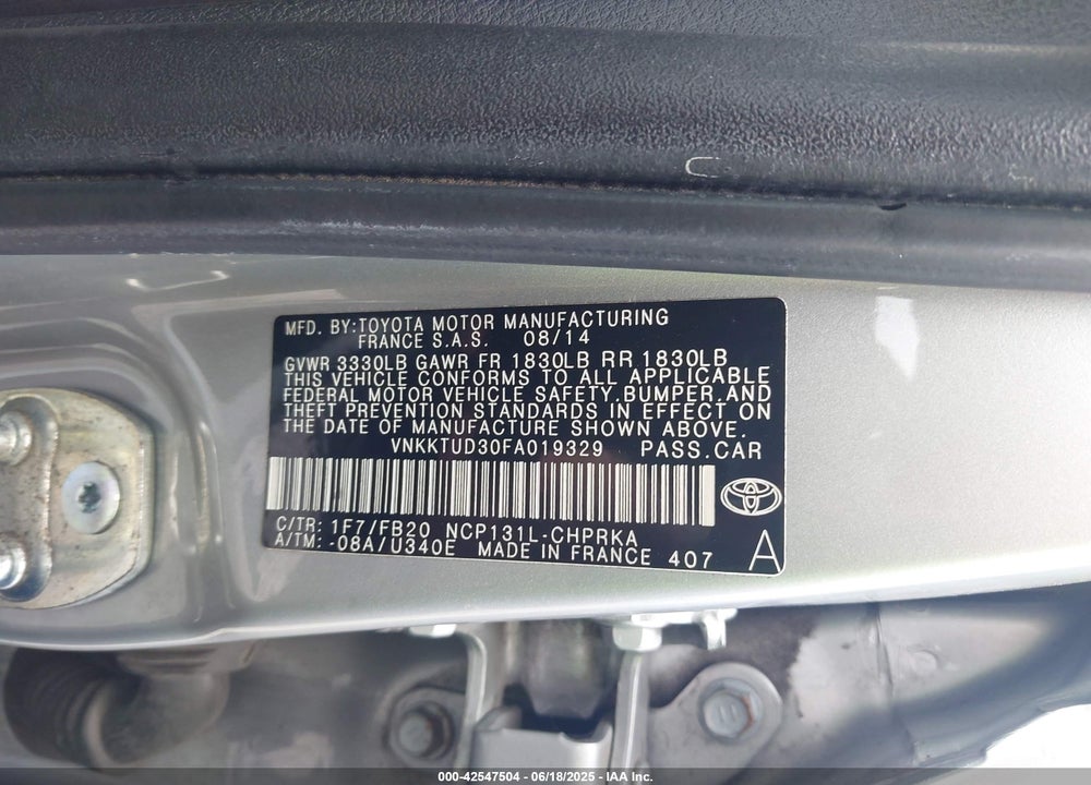 2015 TOYOTA YARIS LE VIN: VNKKTUD30FA019329
