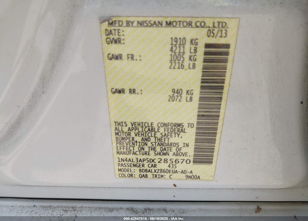 2013 NISSAN ALTIMA VIN: 1N4AL3AP5DC285670