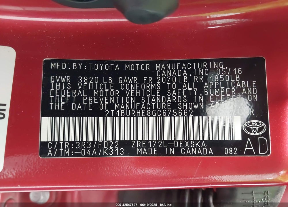 2016 TOYOTA COROLLA VIN: 2T1BURHE8GC675662