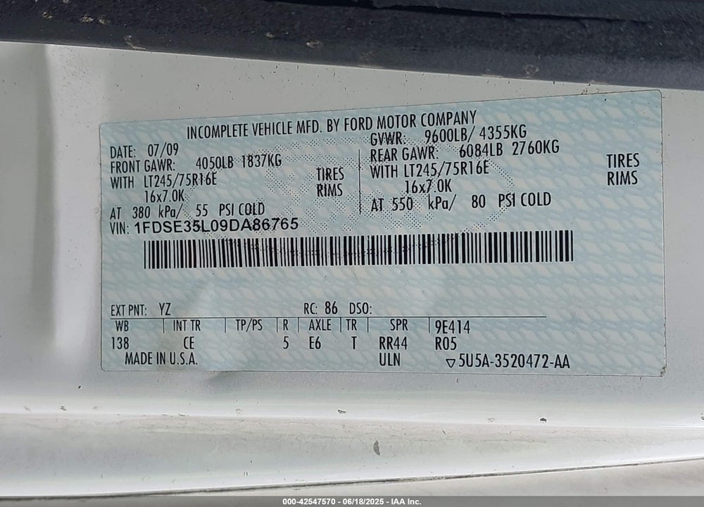 2009 FORD E-350 CUTAWAY VIN: 1FDSE35L09DA86765