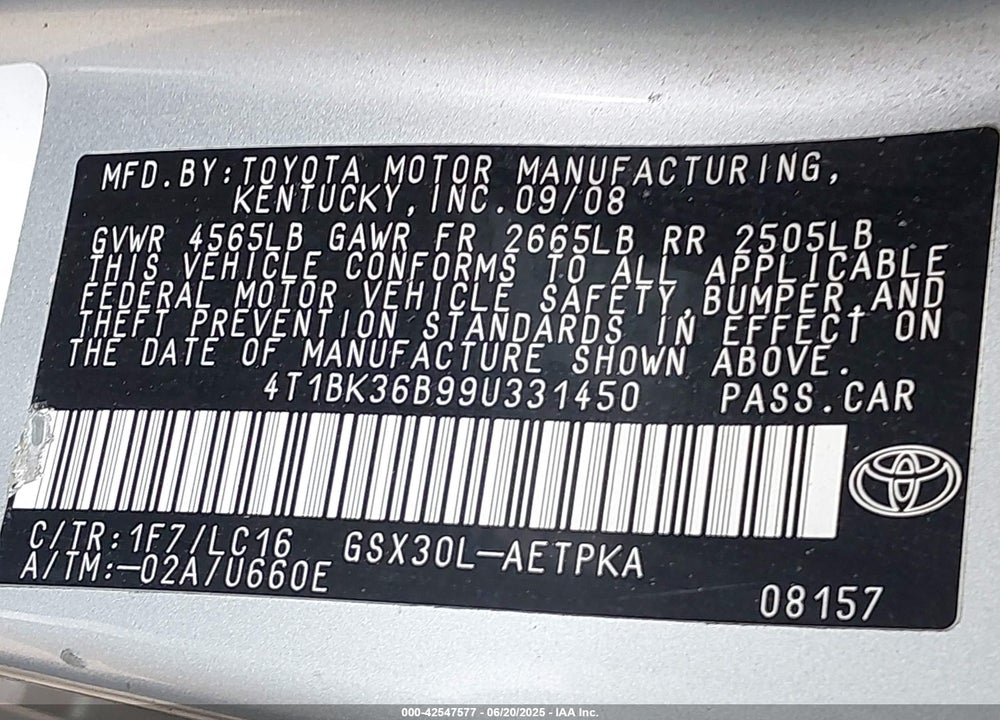 2009 TOYOTA AVALON VIN: 4T1BK36B99U331450