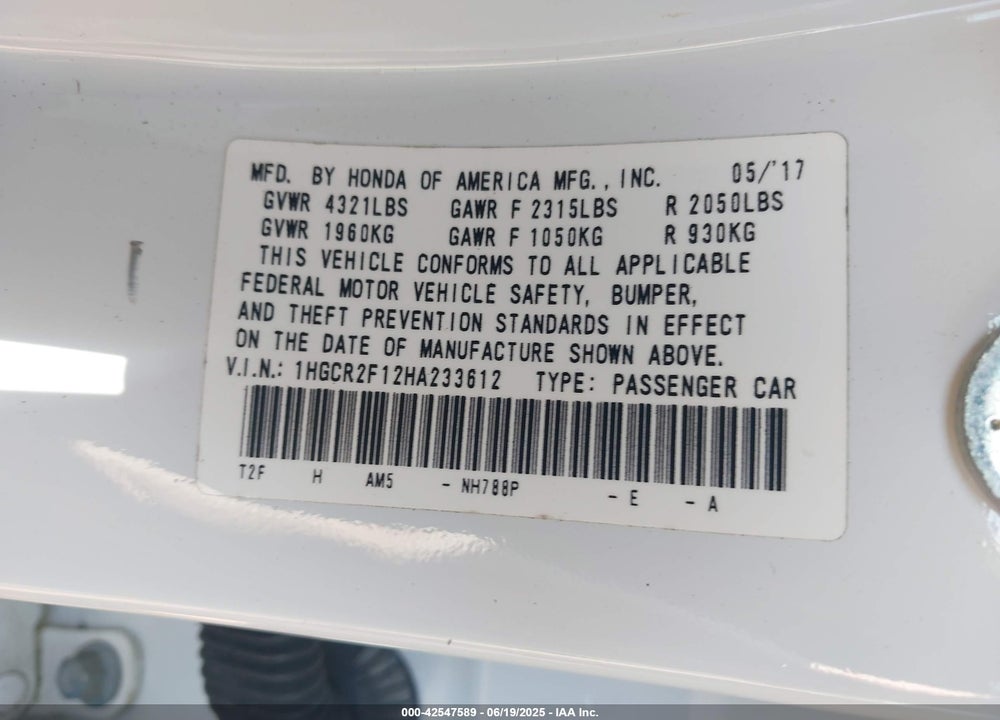 2017 HONDA ACCORD VIN: 1HGCR2F12HA233612