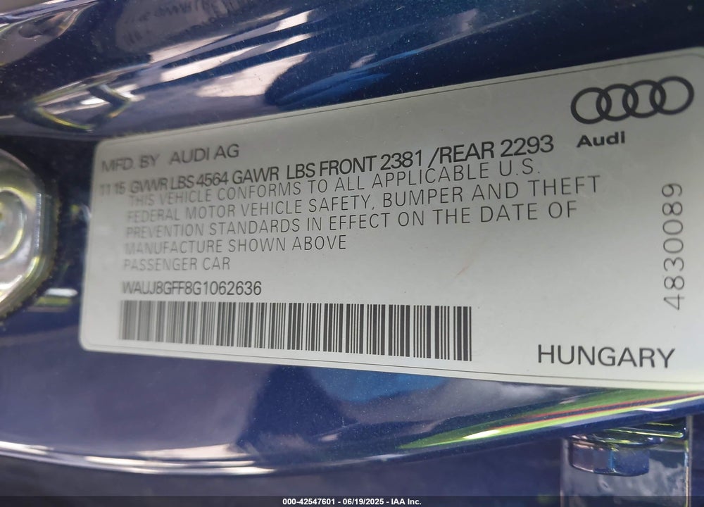 2016 AUDI A3 VIN: WAUJ8GFF8G1062636