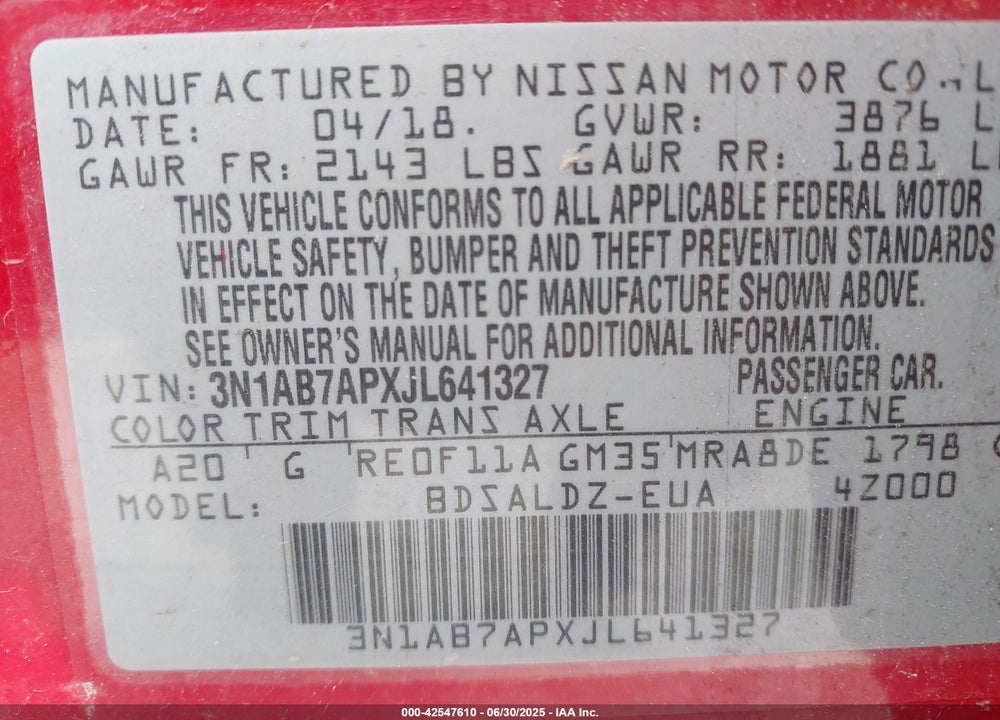 2018 NISSAN SENTRA VIN: 3N1AB7APXJL641327