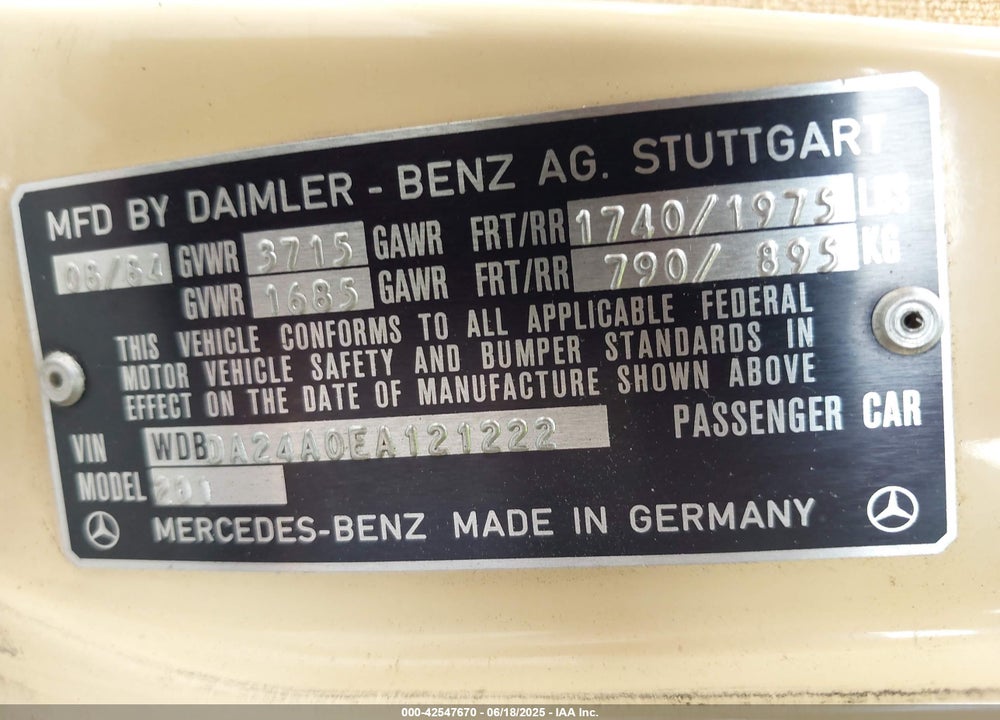 1984 MERCEDES-BENZ 190 E 2.3 VIN: WDBDA24A0EA121222