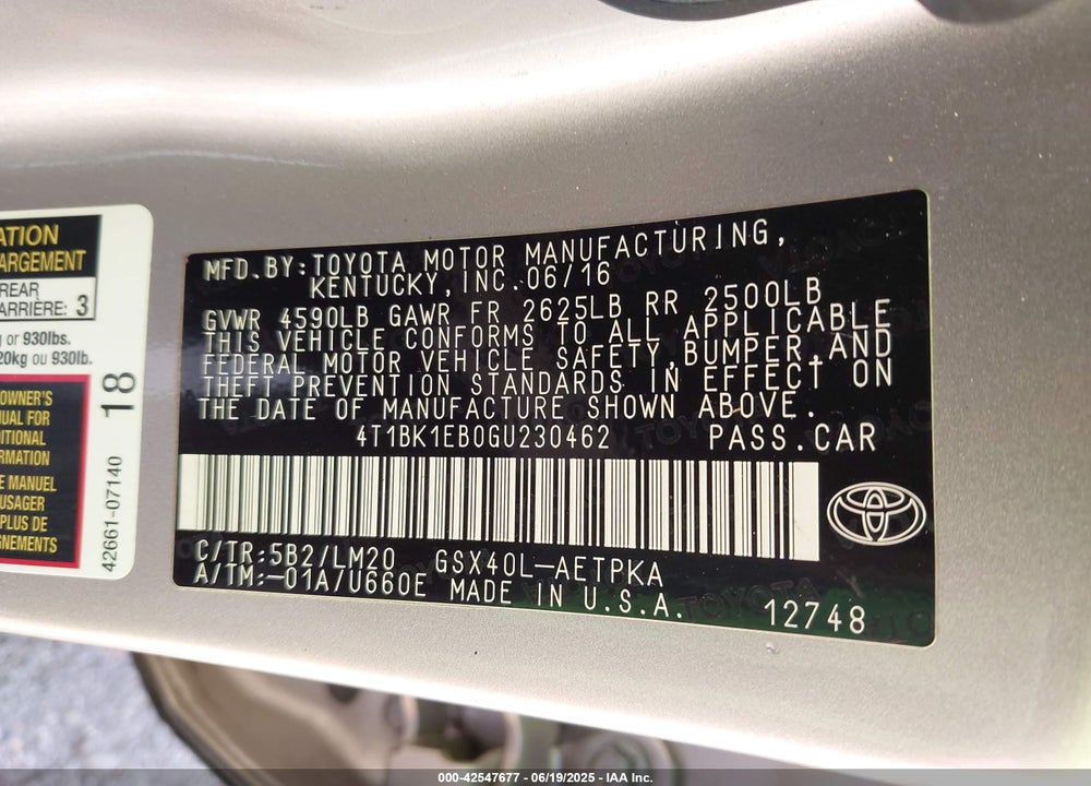 2016 TOYOTA AVALON VIN: 4T1BK1EB0GU230462