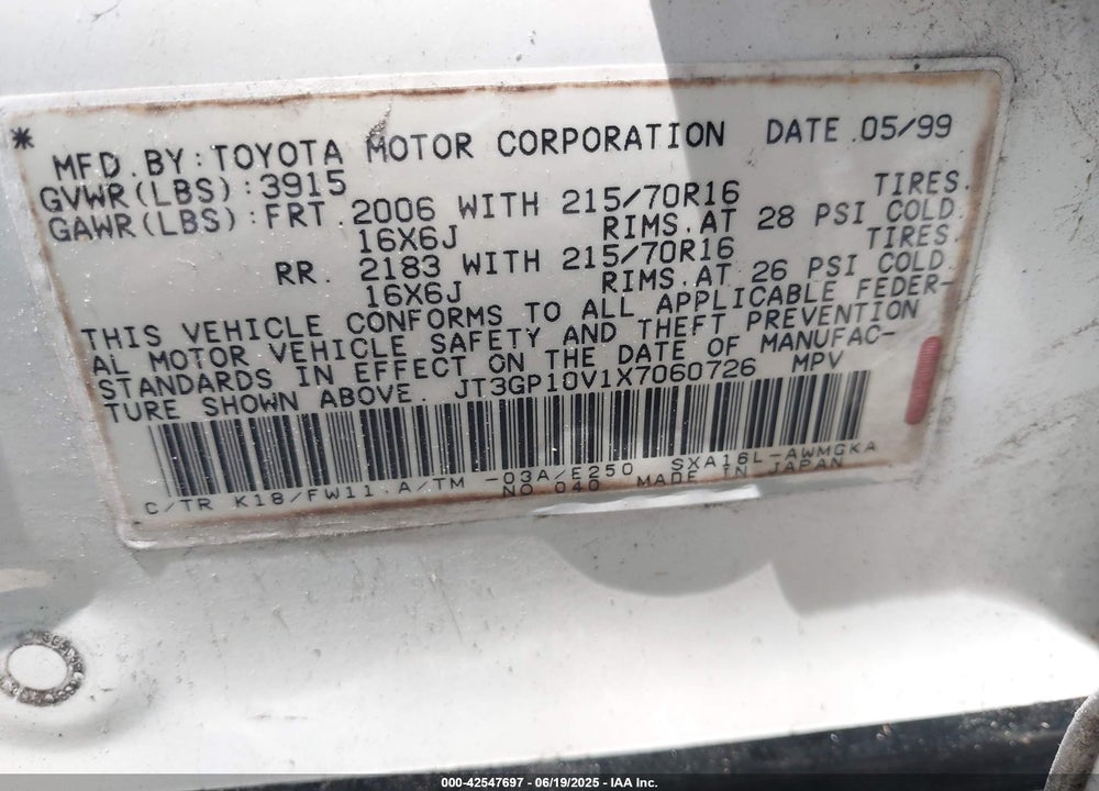1999 TOYOTA RAV4 VIN: JT3GP10V1X7060726