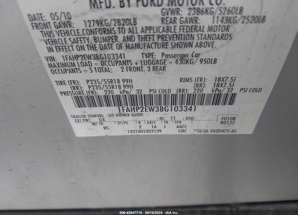2011 FORD TAURUS VIN: 1FAHP2EW3BG103341