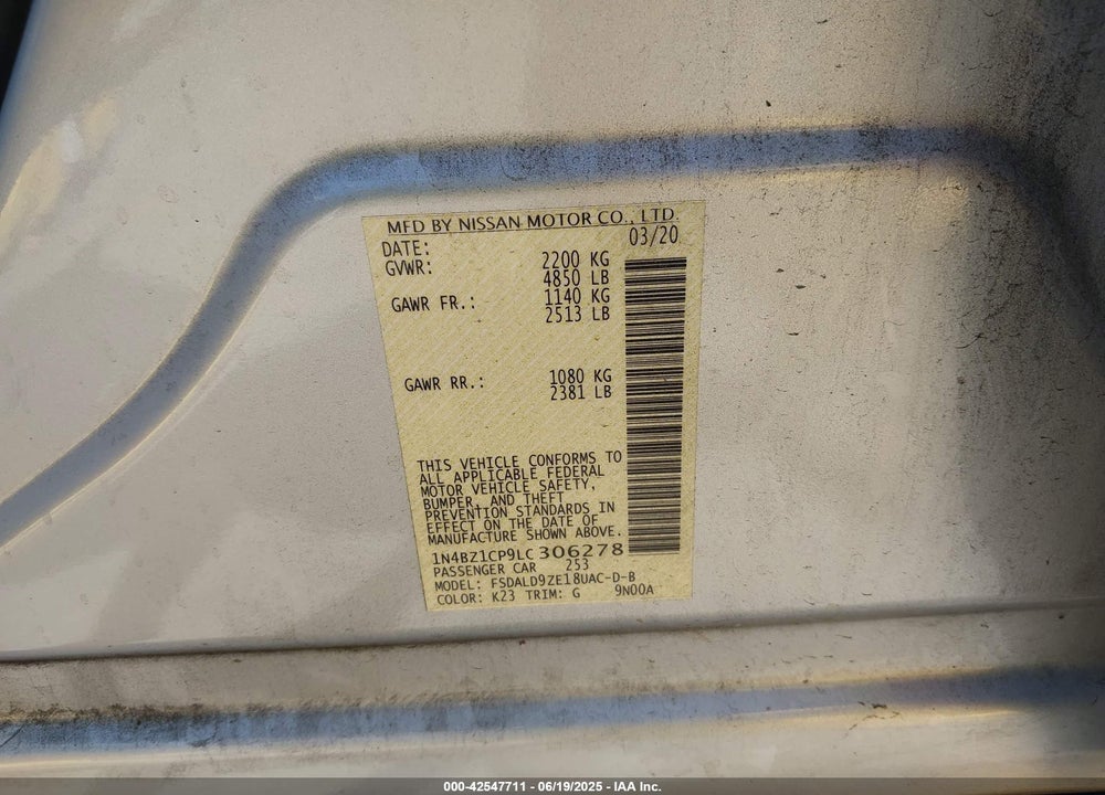 2020 NISSAN LEAF VIN: 1N4BZ1CP9LC306278