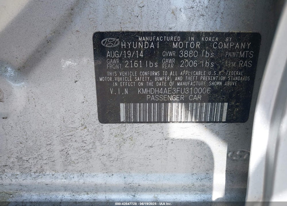 2015 HYUNDAI ELANTRA SE VIN: KMHDH4AE3FU310006