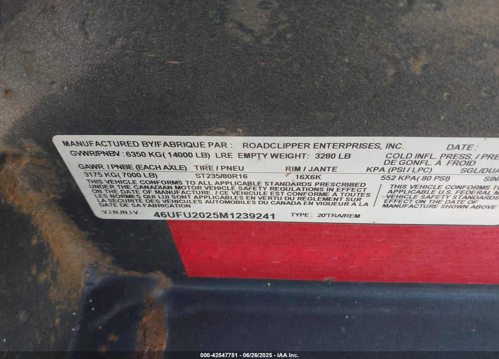 2021 DIAMOND TRAILERS INC OTHER VIN: 46UFU2025M1239241