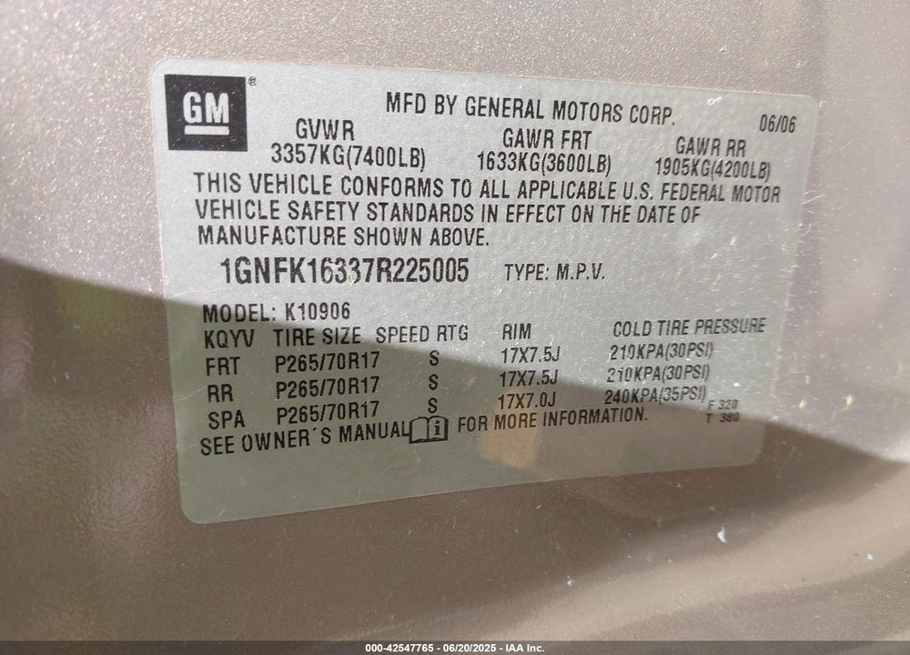 2007 CHEVROLET SUBURBAN 1500 LT VIN: 1GNFK16337R225005