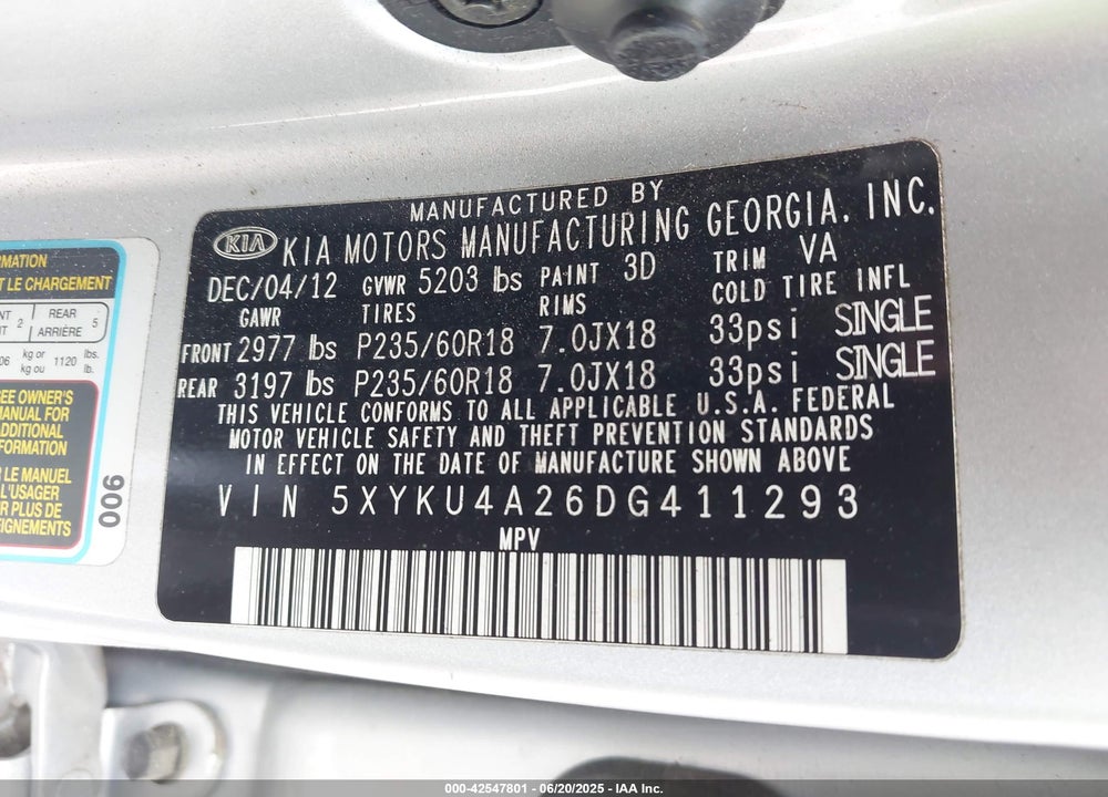 2013 KIA SORENTO EX V6 VIN: 5XYKU4A26DG411293