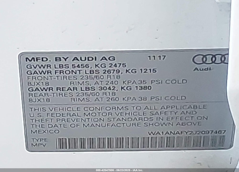 2018 AUDI Q5 VIN: WA1ANAFY2J2097467