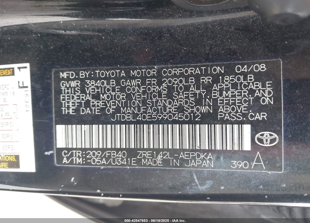 2009 TOYOTA COROLLA VIN: JTDBL40E599045012