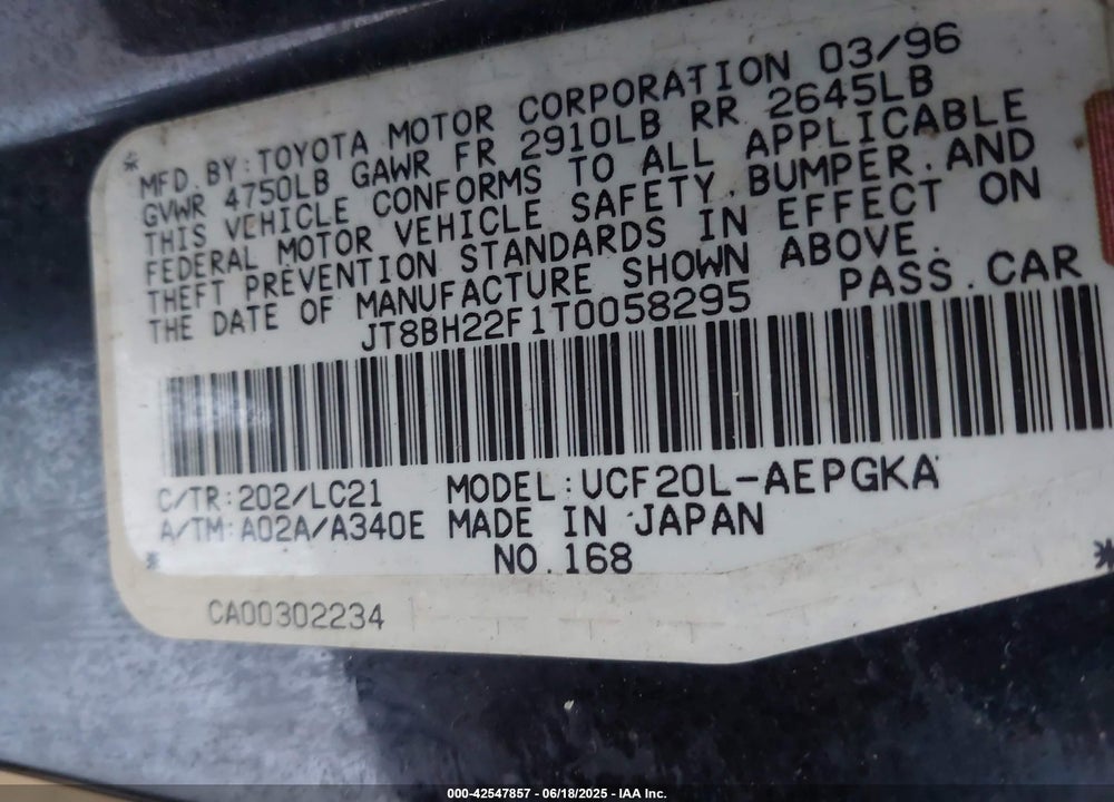 1996 LEXUS LS 400 VIN: JT8BH22F1T0058295