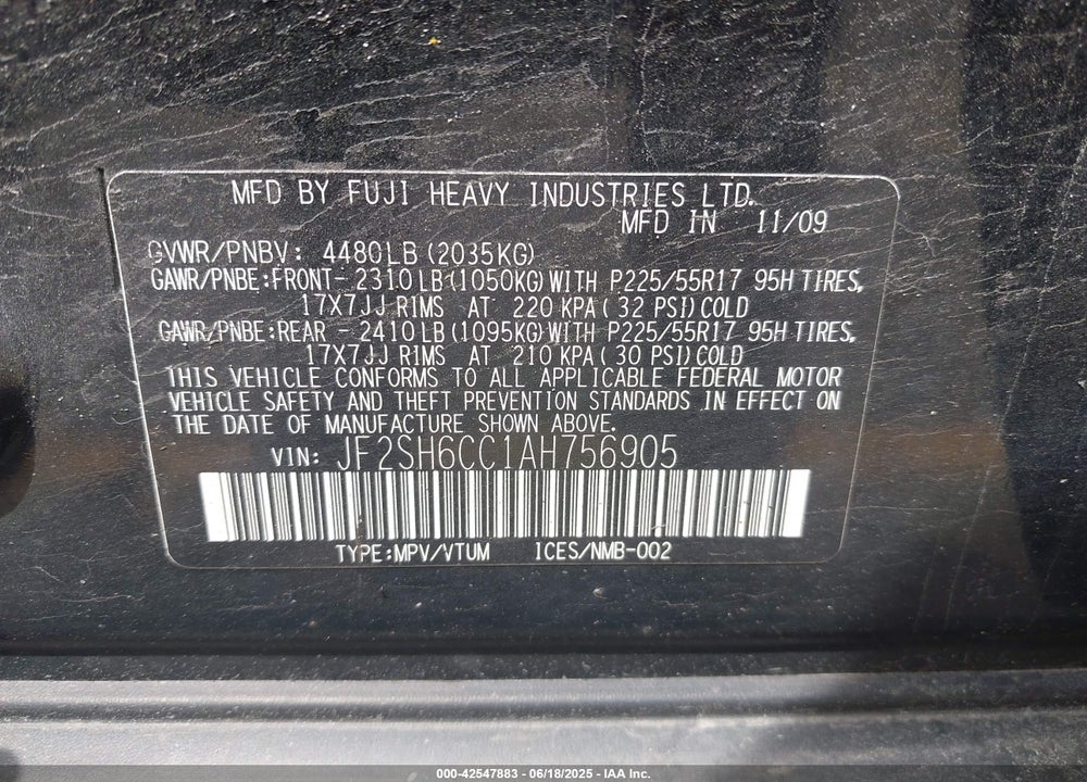 2010 SUBARU FORESTER VIN: JF2SH6CC1AH756905