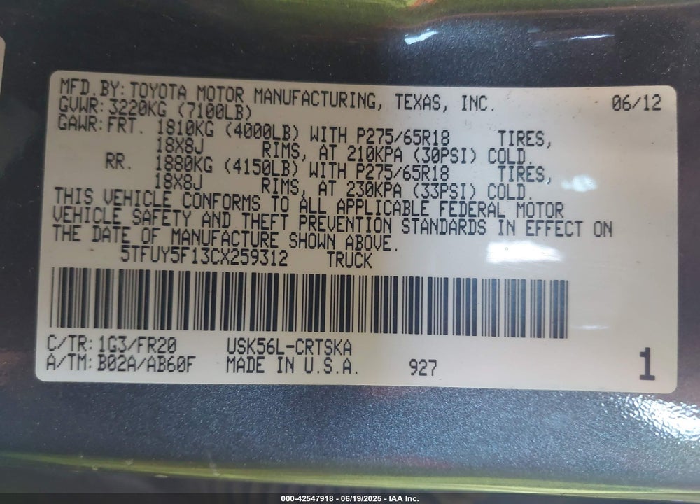 2012 TOYOTA TUNDRA VIN: 5TFUY5F13CX259312