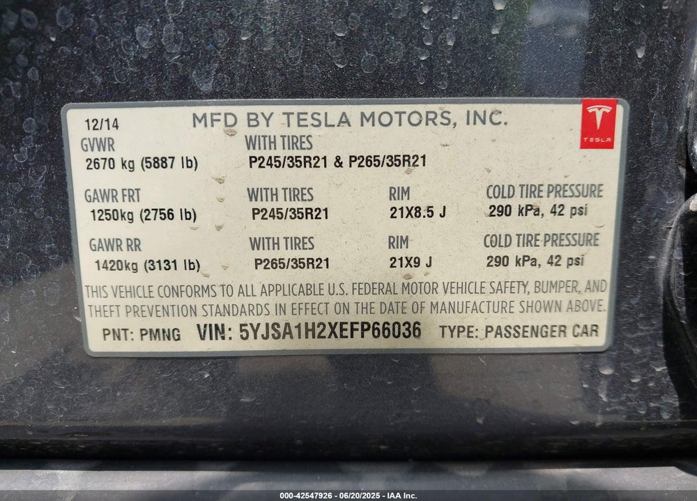 2014 TESLA MODEL S VIN: 5YJSA1H2XEFP66036