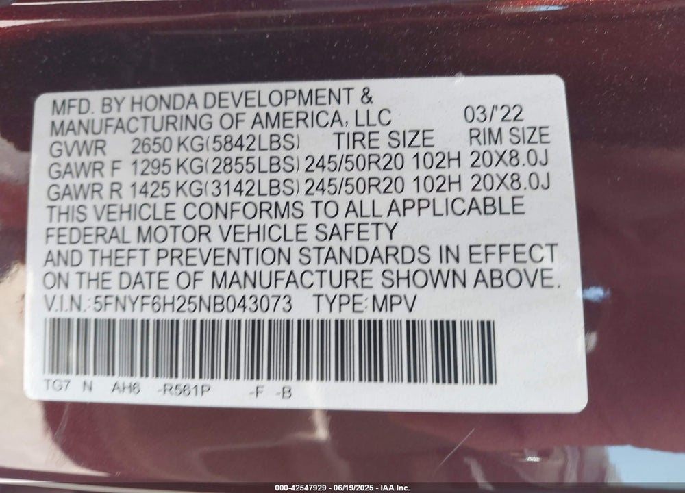 2022 HONDA PILOT VIN: 5FNYF6H25NB043073