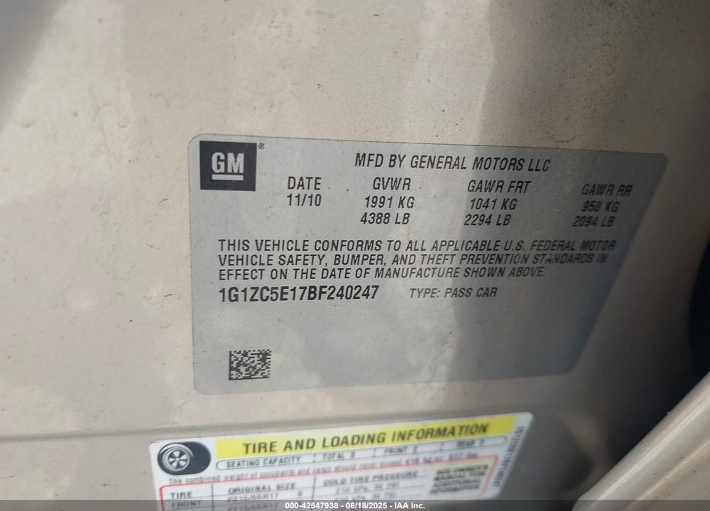 2011 CHEVROLET MALIBU VIN: 1G1ZC5E17BF240247