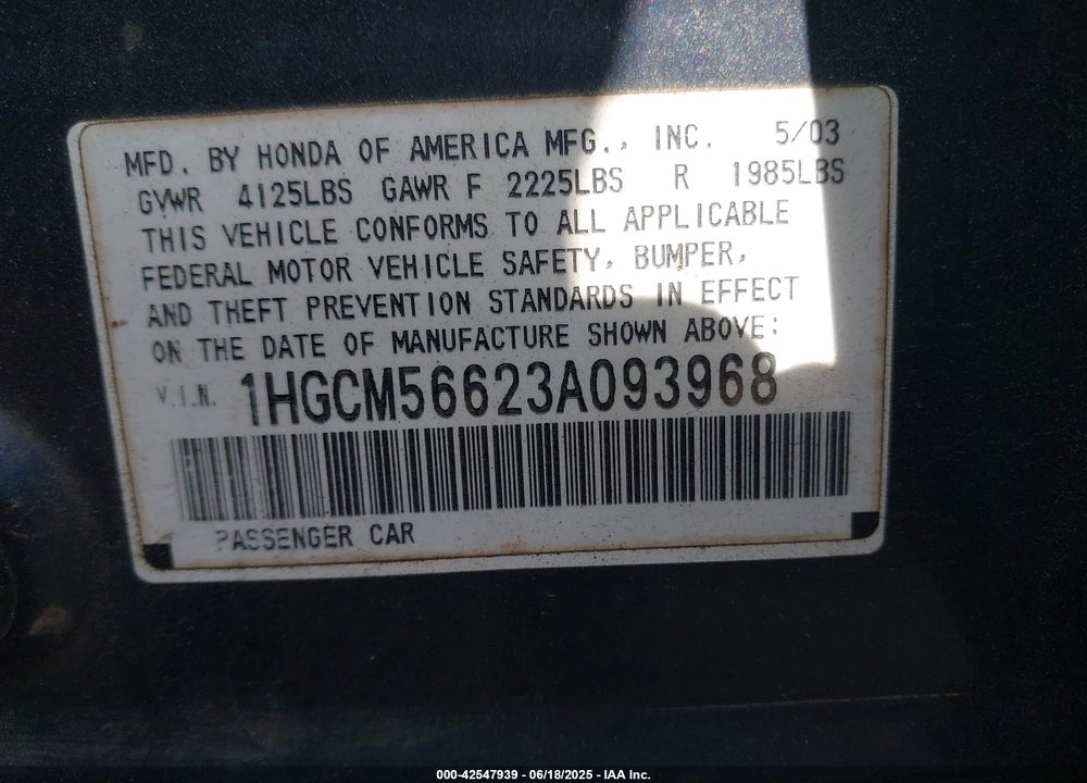 2003 HONDA ACCORD 2.4 EX VIN: 1HGCM56623A093968