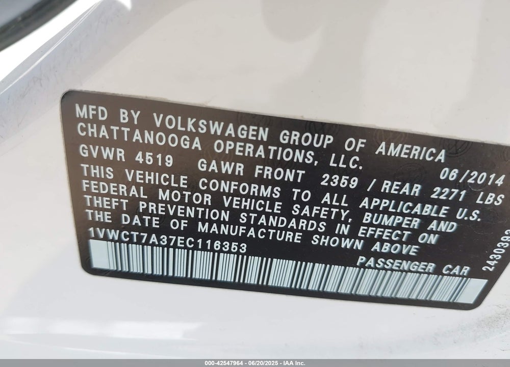 2014 VOLKSWAGEN PASSAT VIN: 1VWCT7A37EC116353