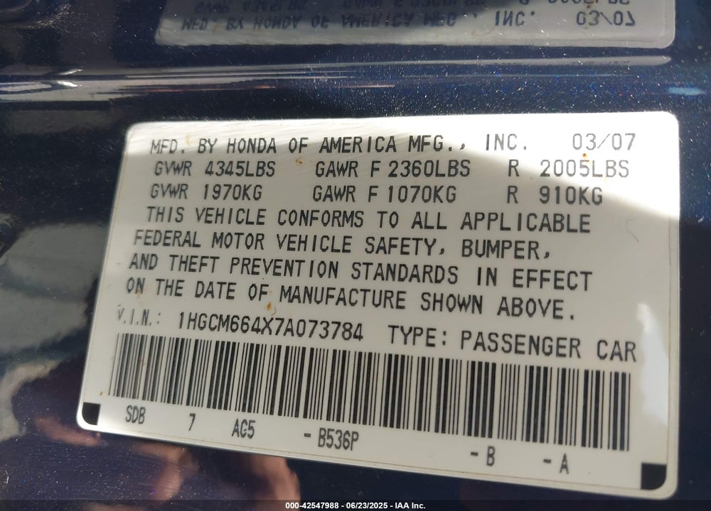 2007 HONDA ACCORD VIN: 1HGCM664X7A073784