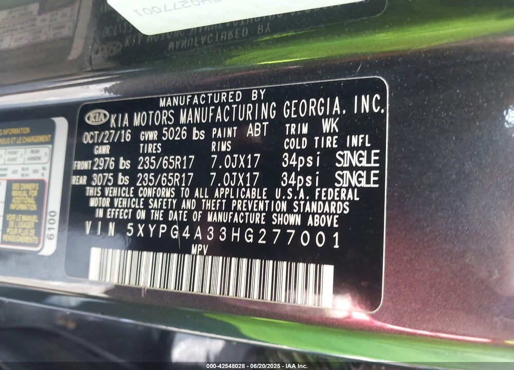 2017 KIA SORENTO VIN: 5XYPG4A33HG277001