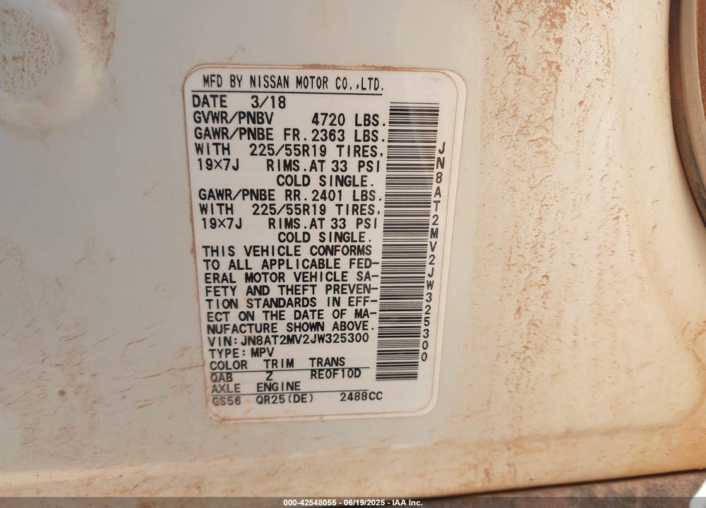 2018 NISSAN ROGUE VIN: JN8AT2MV2JW325300