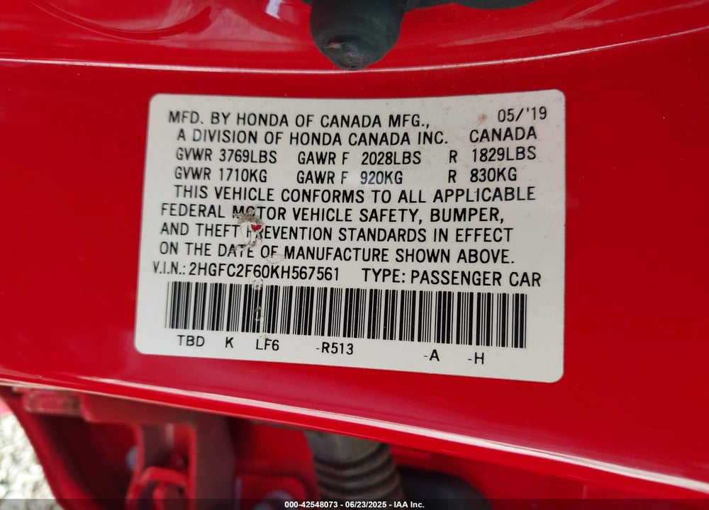 2019 HONDA CIVIC VIN: 2HGFC2F60KH567561