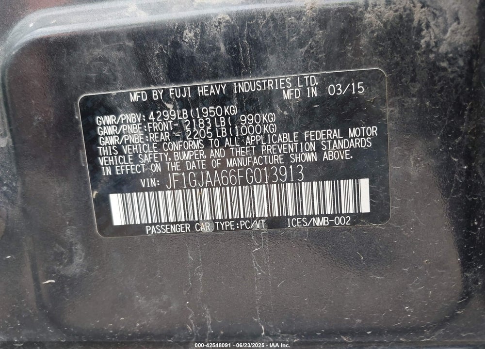 2015 SUBARU IMPREZA VIN: JF1GJAA66FG013913