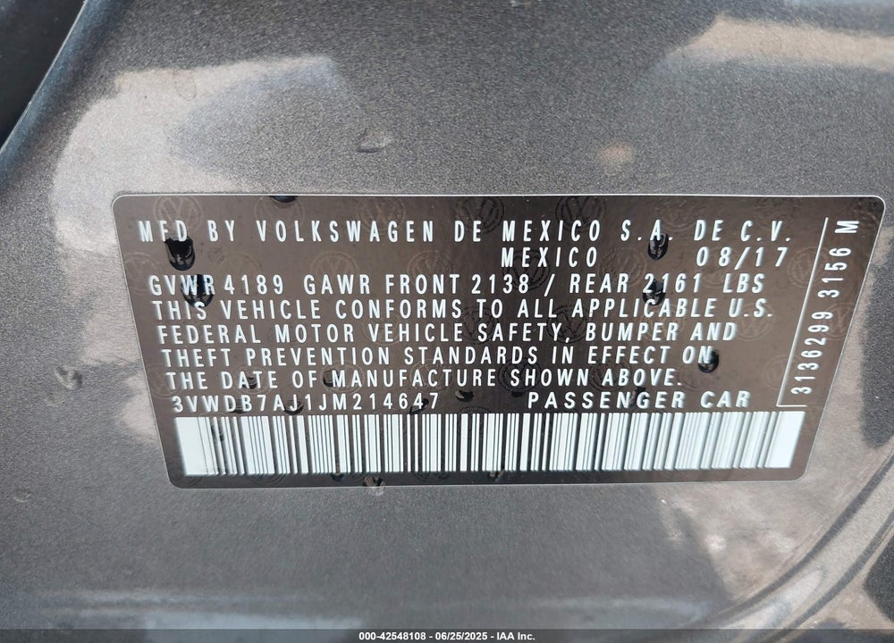 2018 VOLKSWAGEN JETTA VIN: 3VWDB7AJ1JM214647